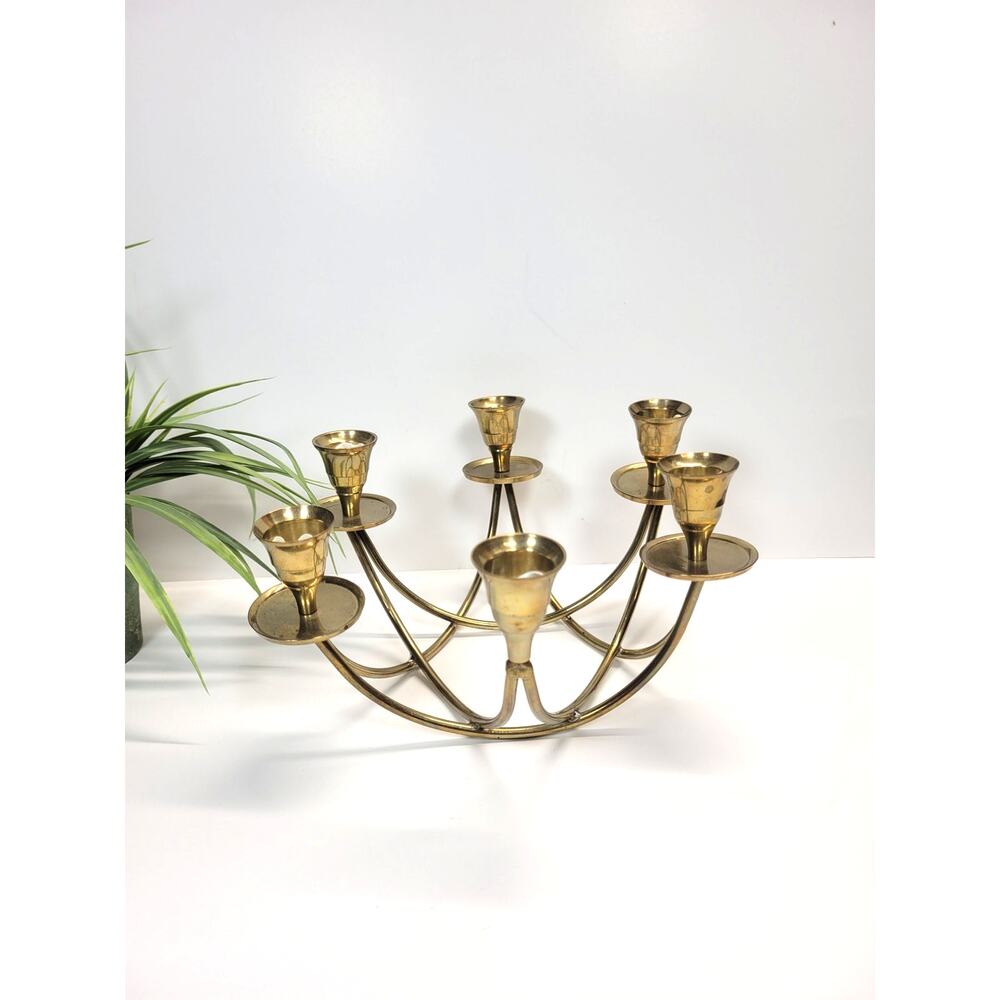 Vintage Brass 6 Arm Star Candelabra Mid Century Candle Holder 1 Missing Bobeche